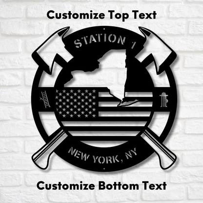 Personalized New York Metal FireFighter State Map & American Flag Wall Sign