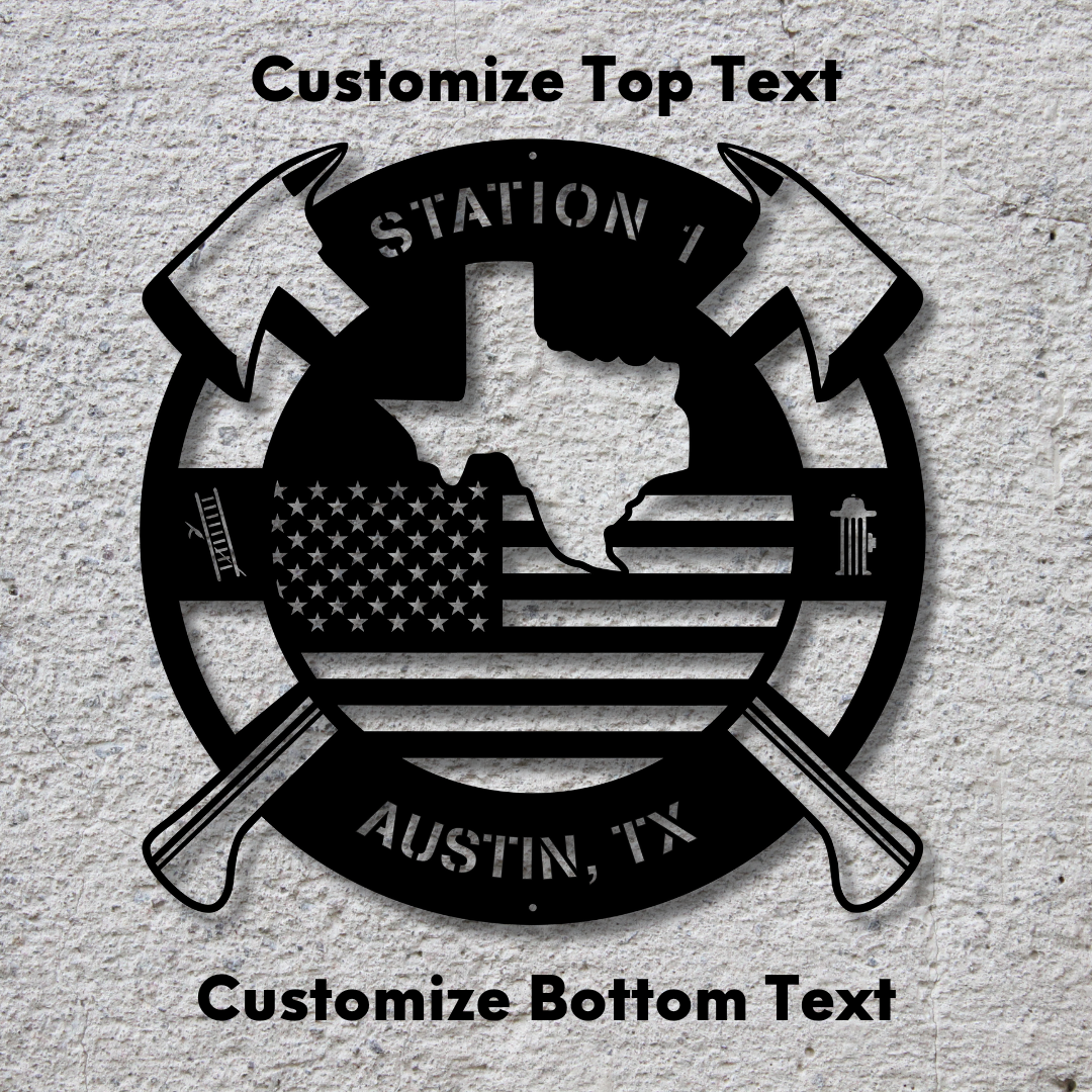 Personalized Texas Metal FireFighter State Map & American Flag Wall Sign