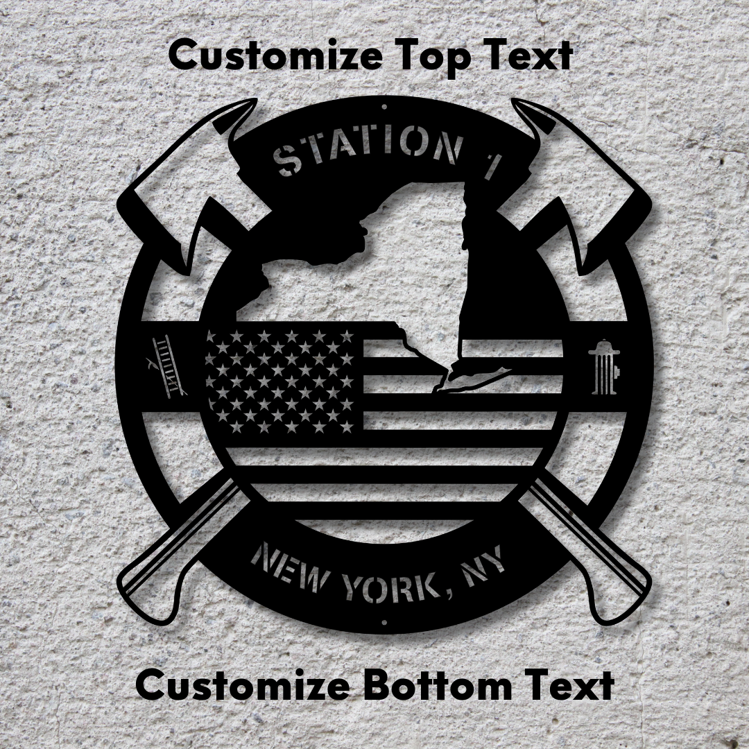 Personalized New York Metal FireFighter State Map & American Flag Wall Sign