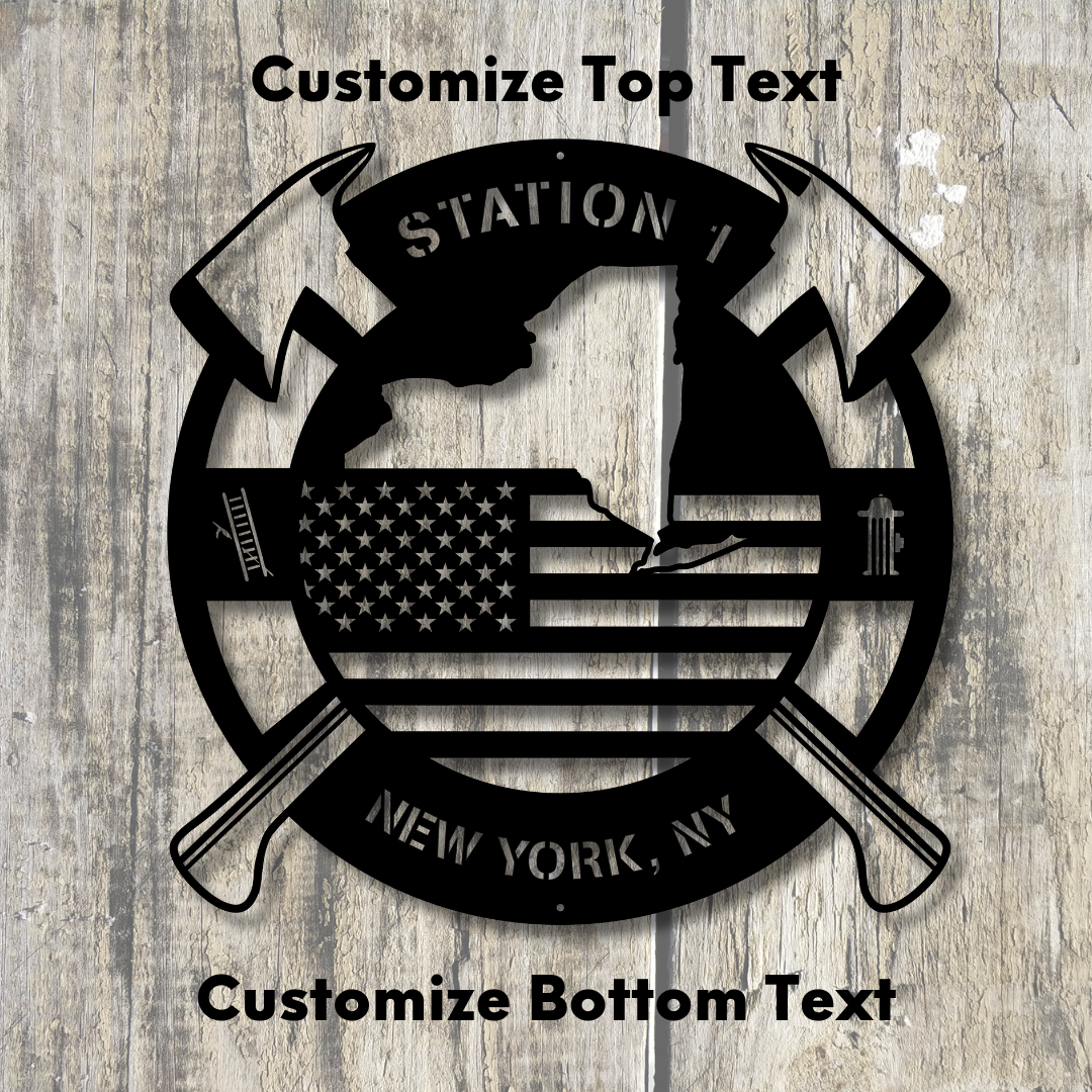 Personalized New York Metal FireFighter State Map & American Flag Wall Sign