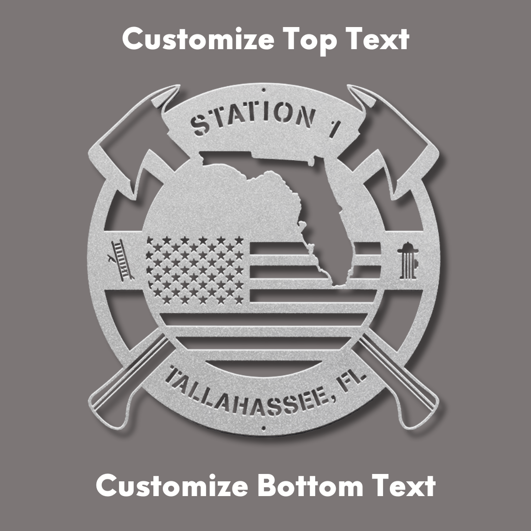 Personalized Florida Metal FireFighter State Map & American Flag Wall Sign