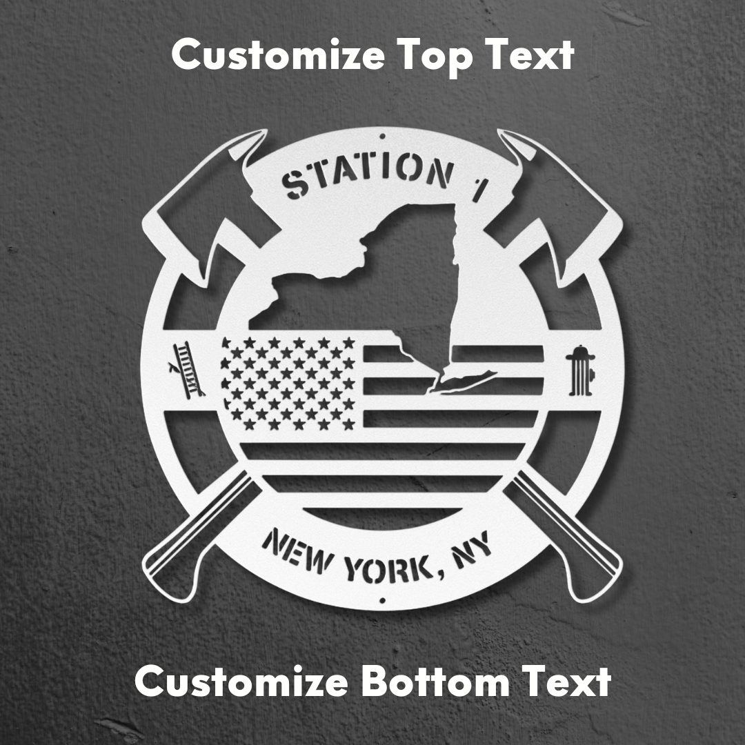 Personalized New York Metal FireFighter State Map & American Flag Wall Sign