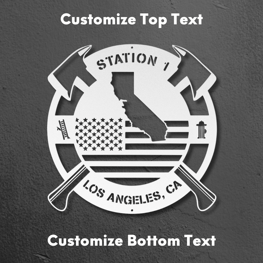 Personalized California Metal FireFighter State Map & American Flag Wall Sign