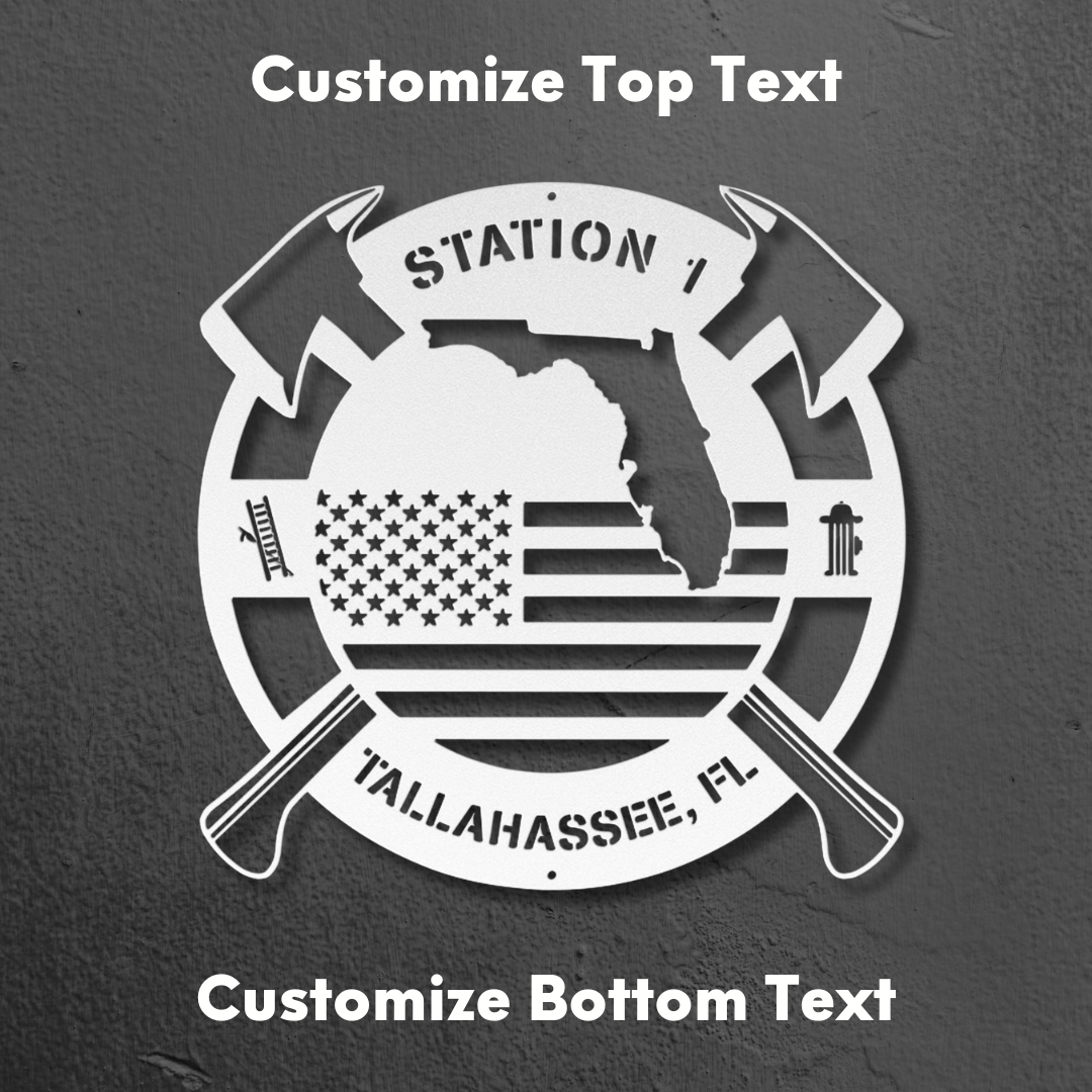 Personalized Florida Metal FireFighter State Map & American Flag Wall Sign