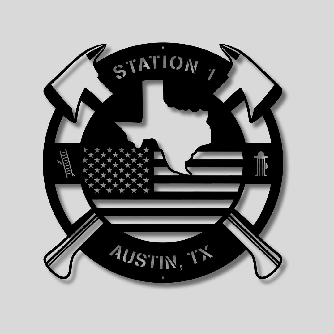 Personalized Texas Metal FireFighter State Map & American Flag Wall Sign