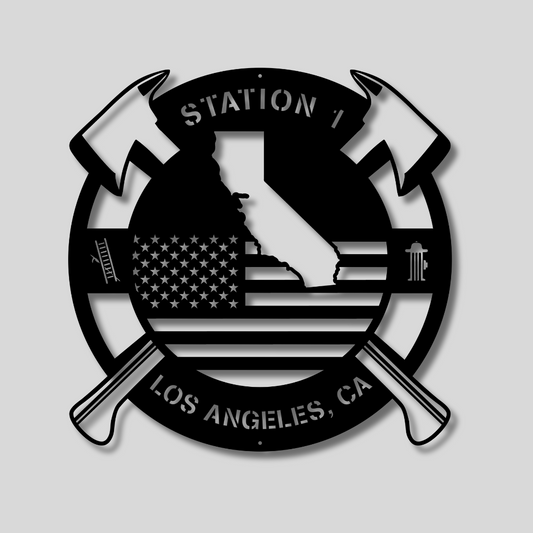 Personalized California Metal FireFighter State Map & American Flag Wall Sign