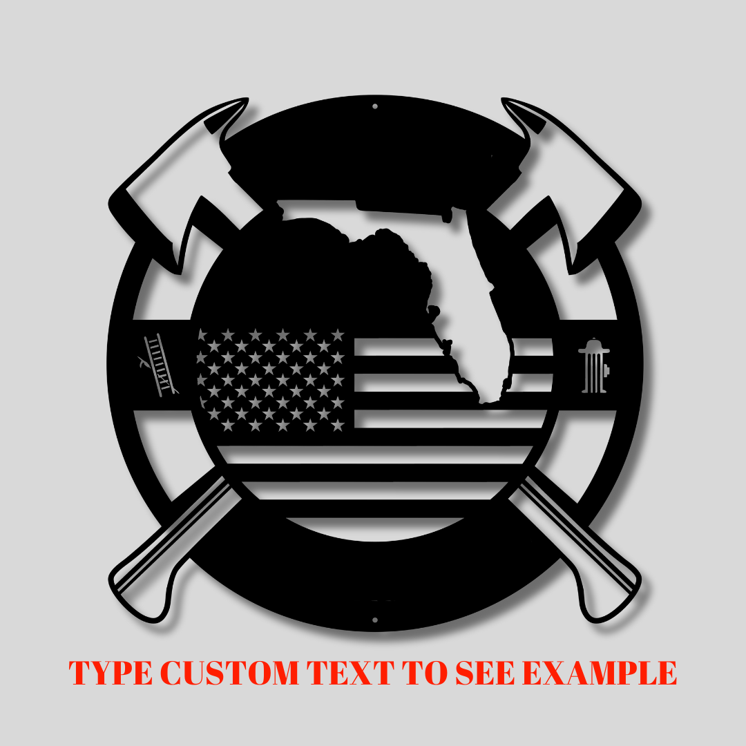 Personalized Florida Metal FireFighter State Map & American Flag Wall Sign