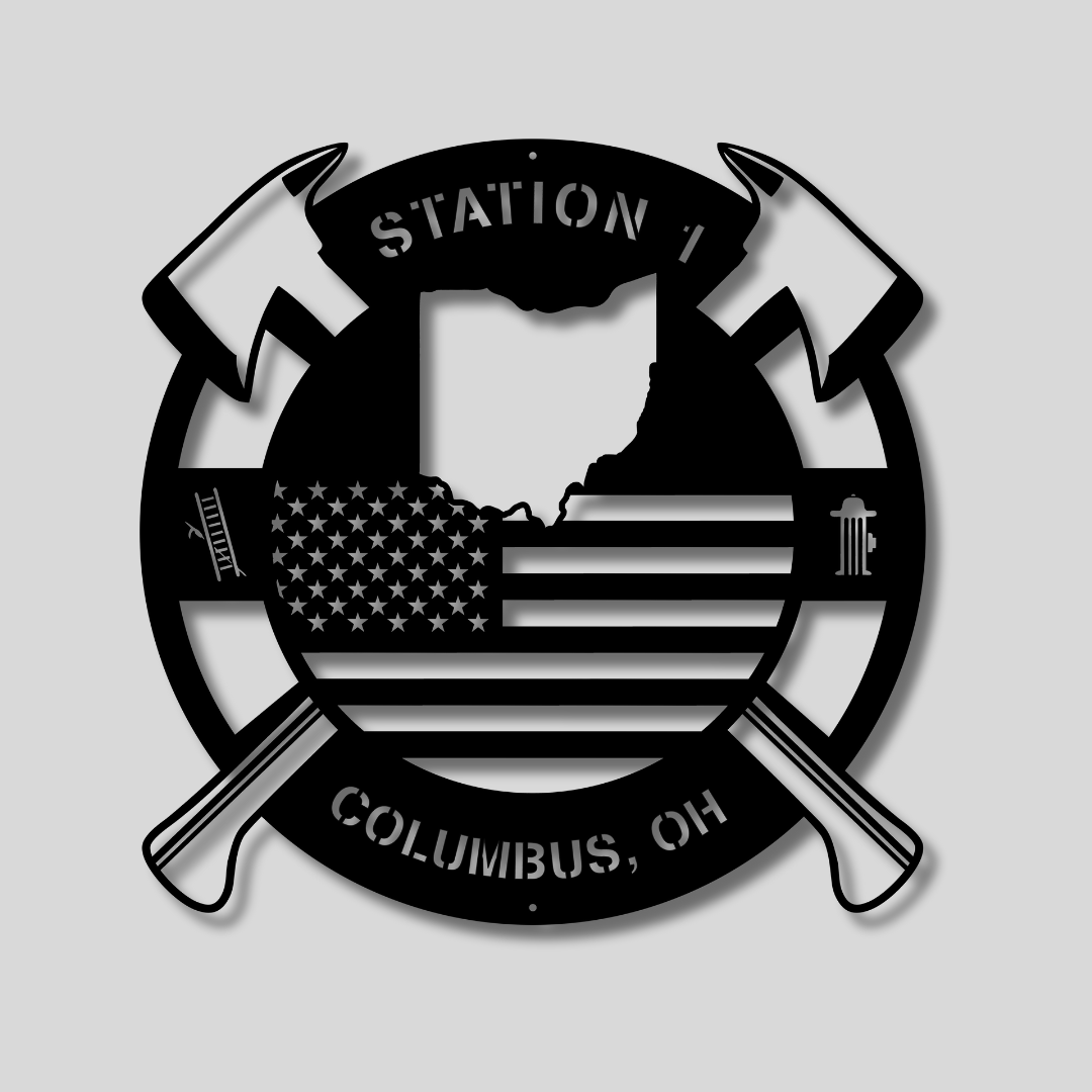 Personalized Ohio Metal FireFighter State Map & American Flag Wall Sign