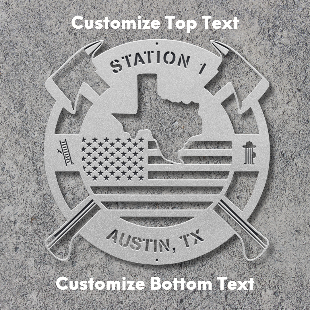 Personalized Texas Metal FireFighter State Map & American Flag Wall Sign